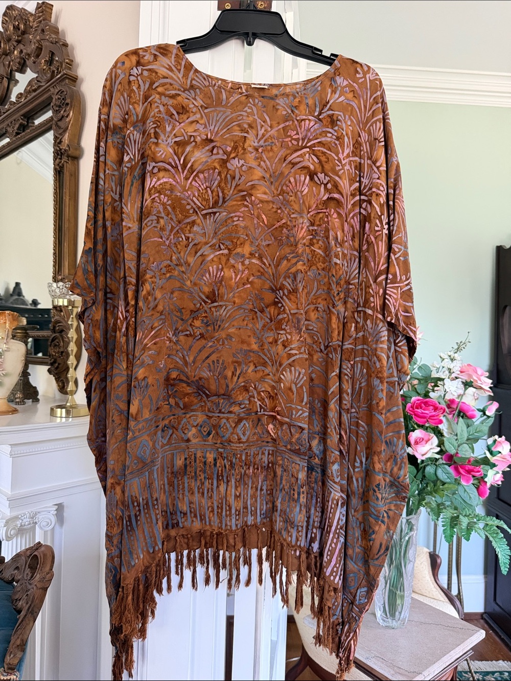 Poncho tunic with fringe, browns, grays and pink, one size fits all